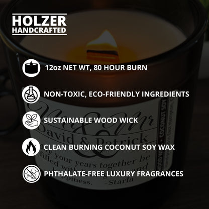 Personalized Wood Wick Candle - Custom Mr & Mr Wedding Keepsake - 12oz Glass Vessel with Lid