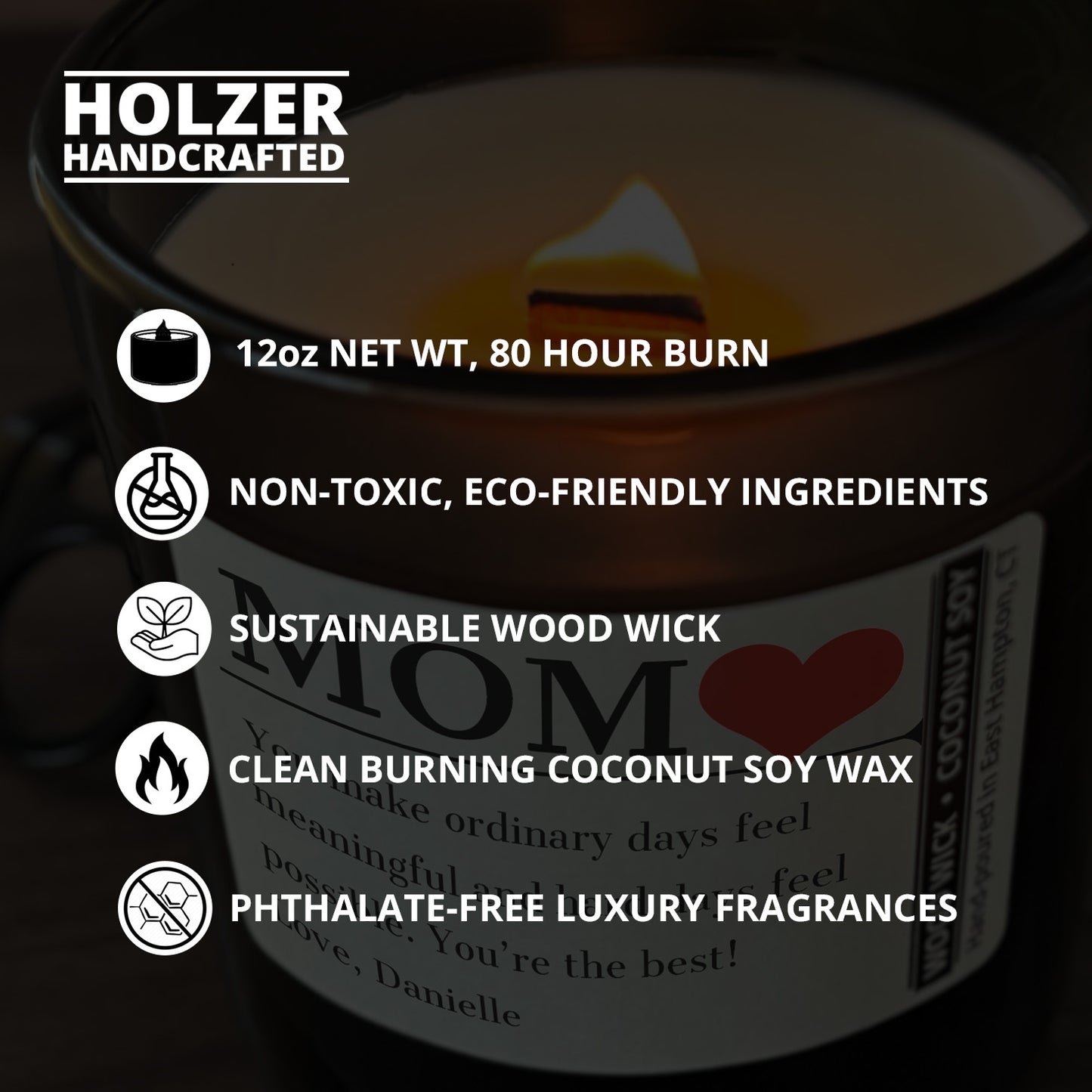 Personalized Wood Wick Candle - Custom Mom, Grandma Keepsake - 12oz Glass Vessel with Lid