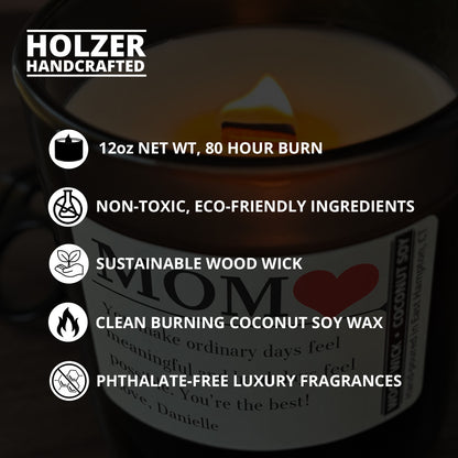 Personalized Wood Wick Candle - Custom Mom, Grandma Keepsake - 12oz Glass Vessel with Lid