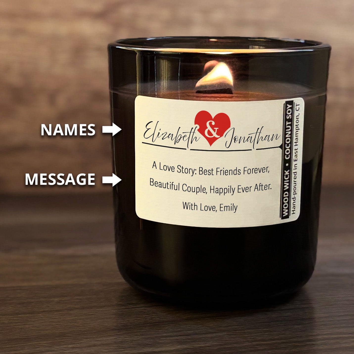 Personalized Wood Wick Candle - Custom Couples Keepsake - 12oz Glass Vessel with Lid