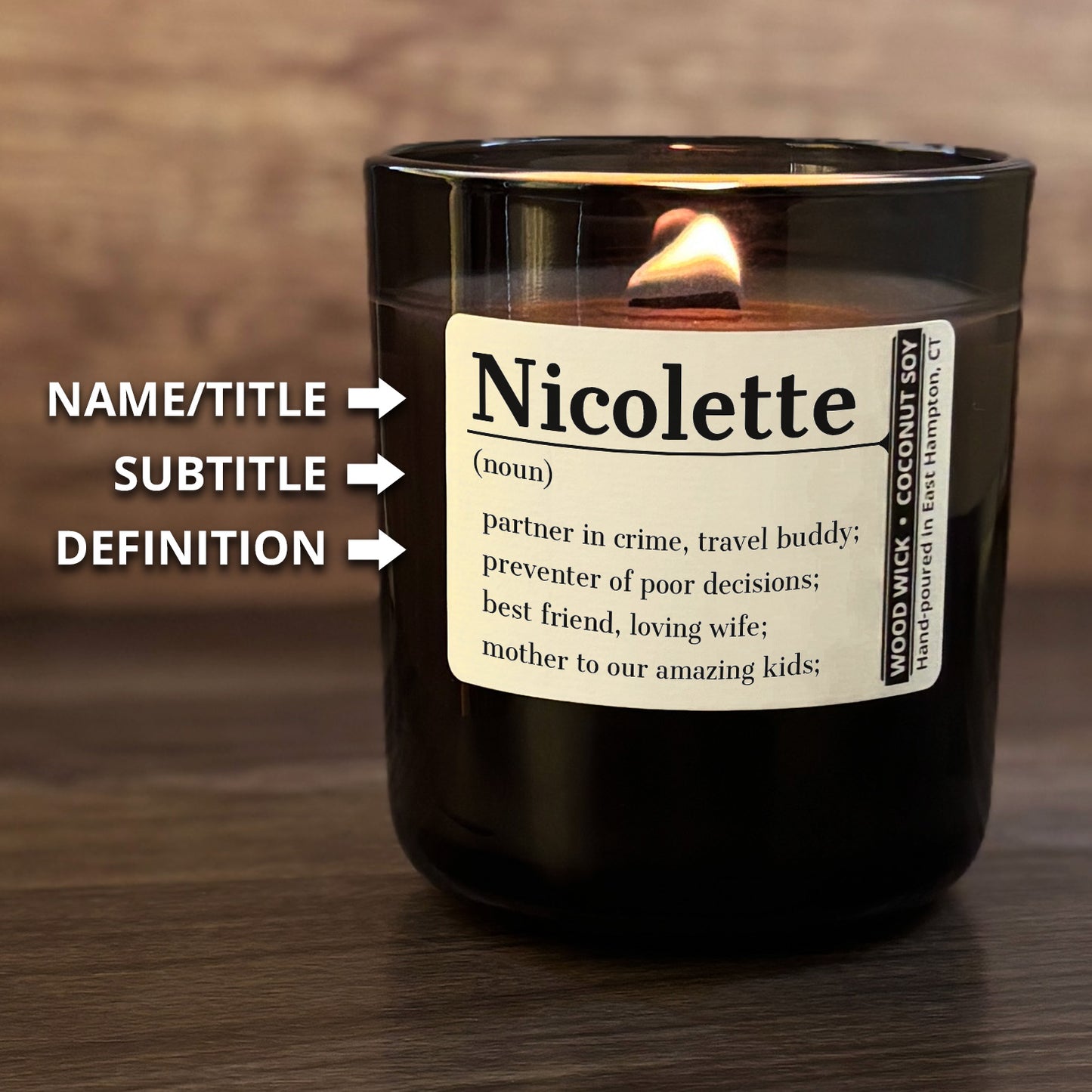 Personalized Wood Wick Candle - Custom Name, Noun, Definition - 12oz Glass Vessel with Lid