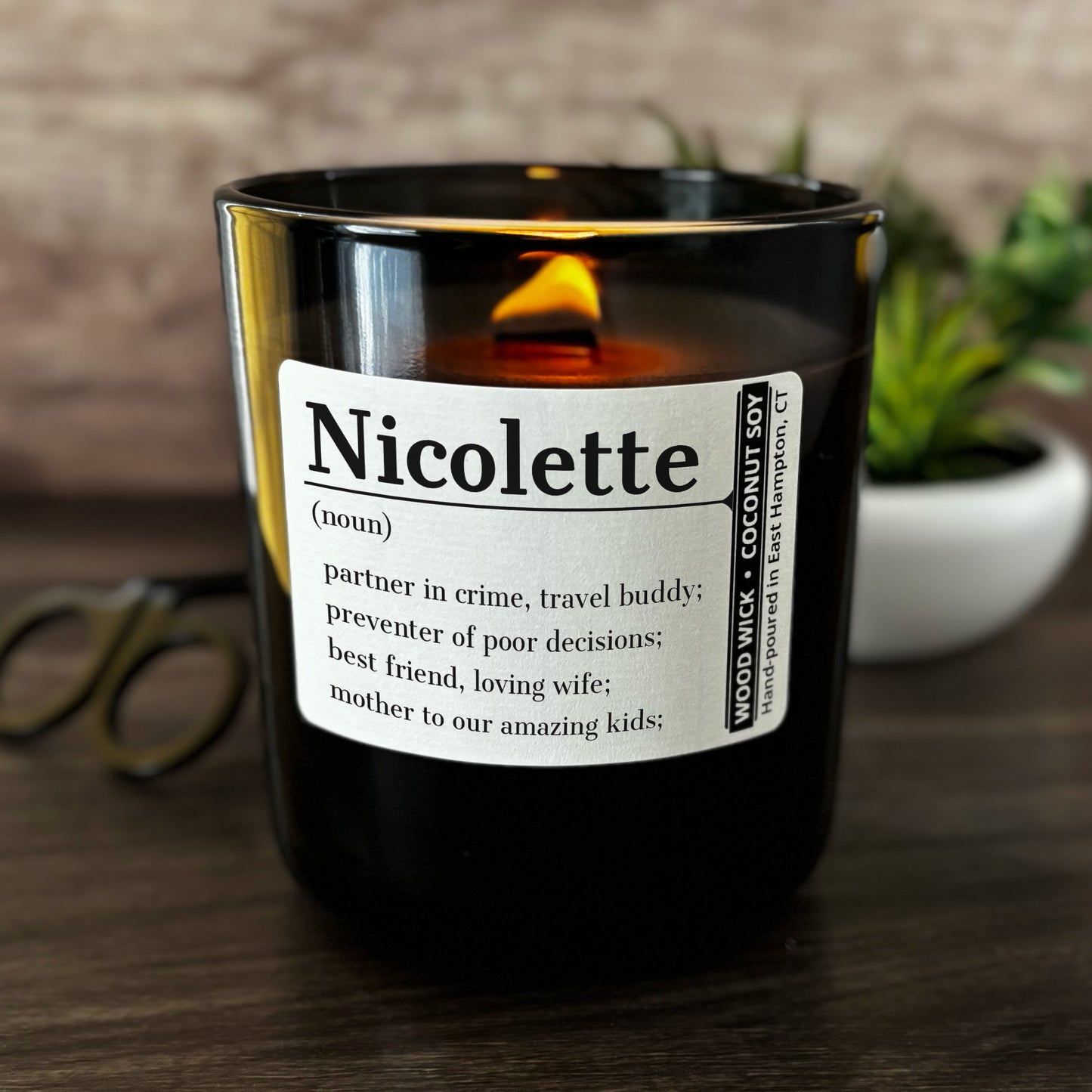 Personalized Wood Wick Candle - Custom Name, Noun, Definition - 12oz Glass Vessel with Lid