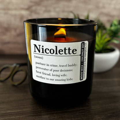 Personalized Wood Wick Candle - Custom Name, Noun, Definition - 12oz Glass Vessel with Lid