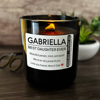 Personalized Wood Wick Candle - Custom Best Daughter Keepsake - 12oz Glass Vessel with Lid