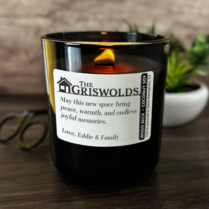 Personalized Wood Wick Candle - Custom Housewarming Keepsake - 12oz Glass Vessel with Lid