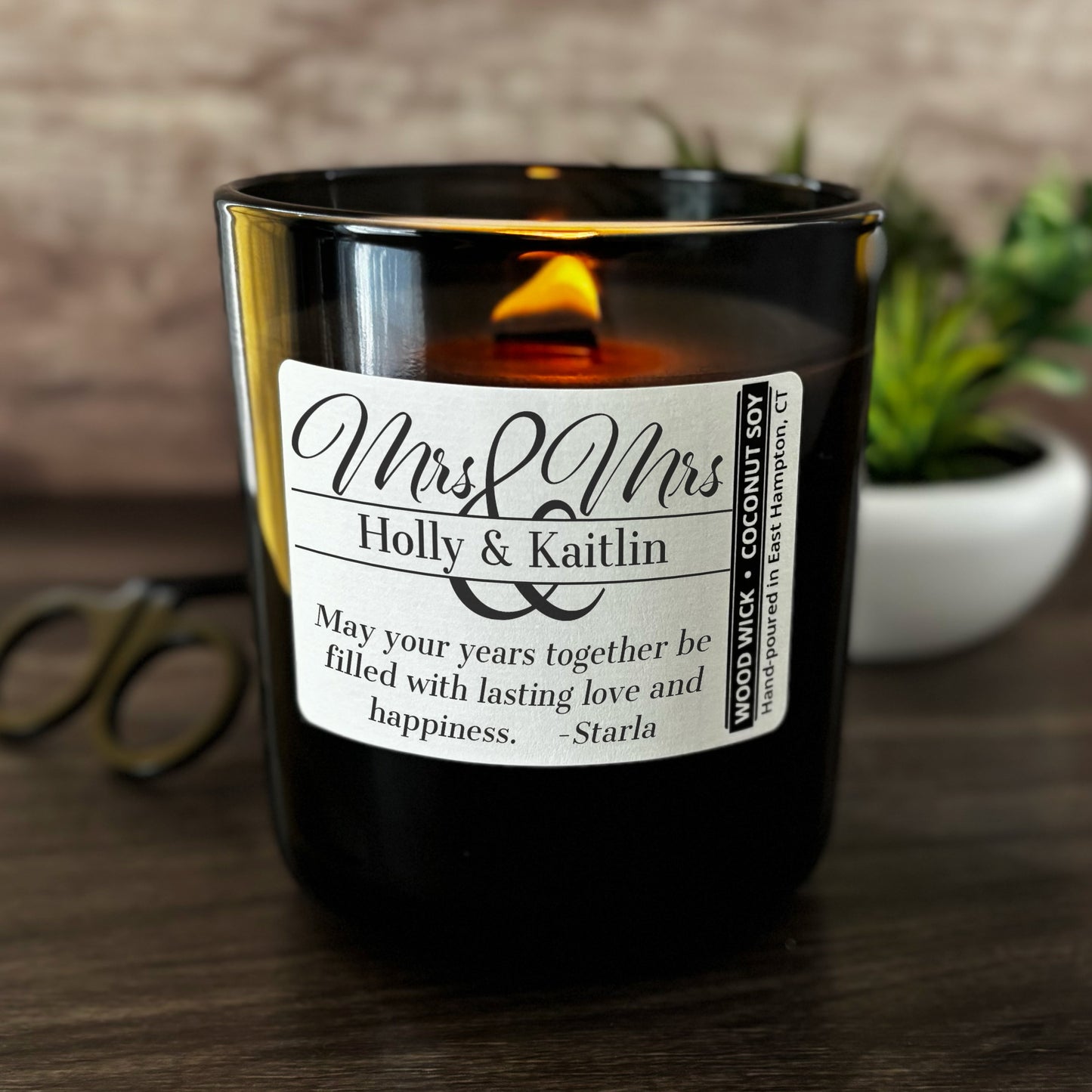 Personalized Wood Wick Candle - Custom Mrs & Mrs Wedding Keepsake - 12oz Glass Vessel with Lid