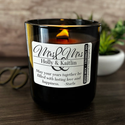 Personalized Wood Wick Candle - Custom Mrs & Mrs Wedding Keepsake - 12oz Glass Vessel with Lid