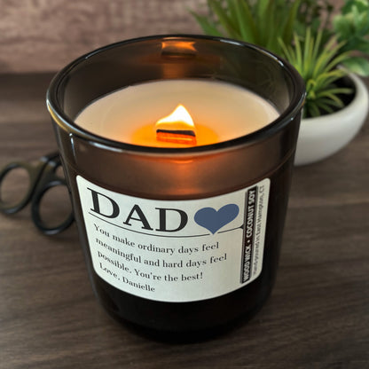Personalized Wood Wick Candle - Custom Dad, Grandpa, Special Guy Keepsake - 12oz Glass Vessel with Lid
