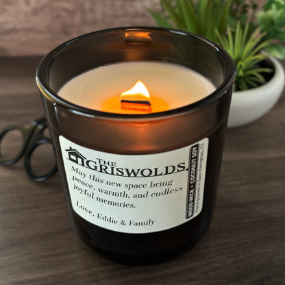 Personalized Wood Wick Candle - Custom Housewarming Keepsake - 12oz Glass Vessel with Lid