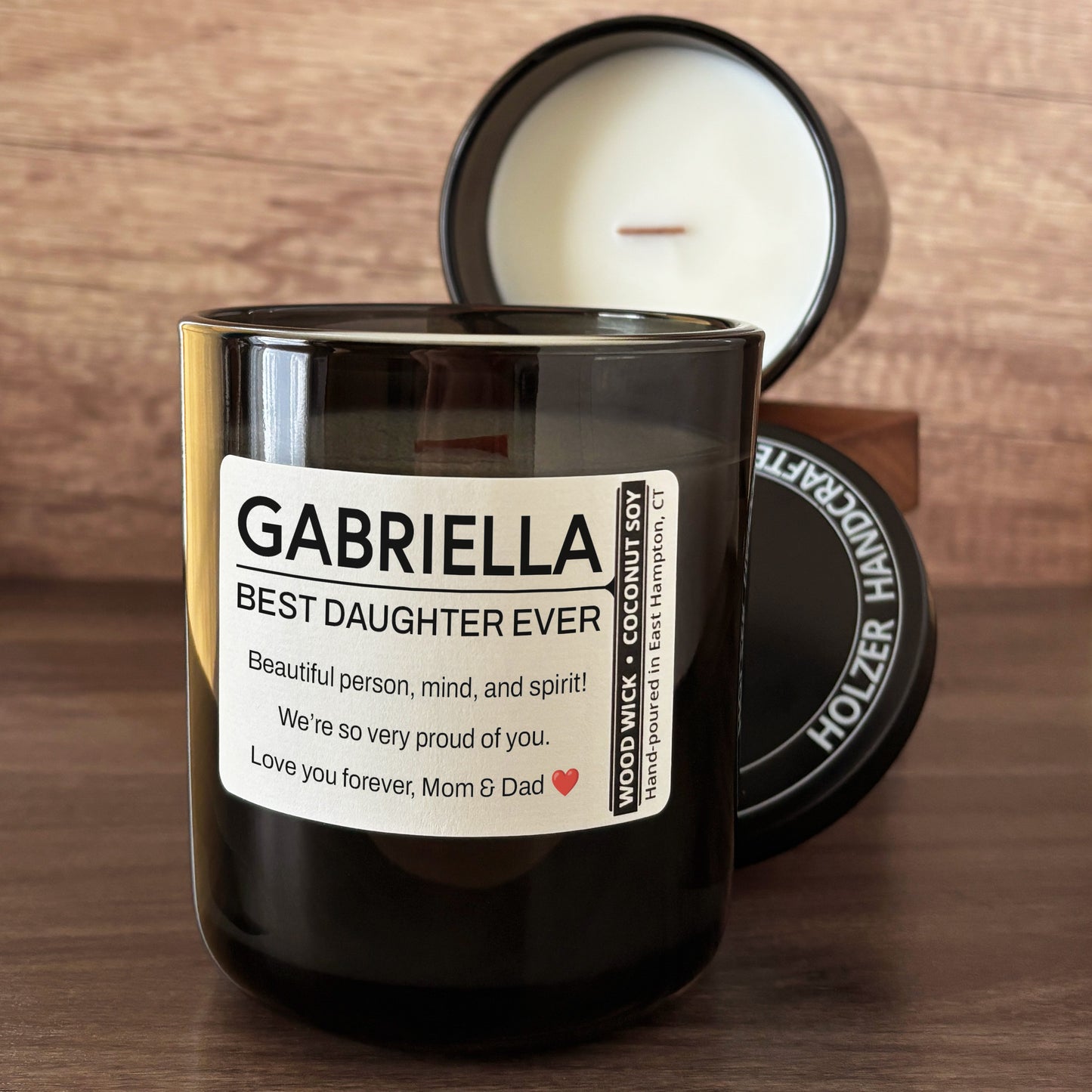 Personalized Wood Wick Candle - Custom Best Daughter Keepsake - 12oz Glass Vessel with Lid