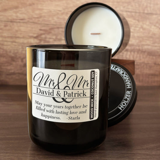 Personalized Wood Wick Candle - Custom Mr & Mr Wedding Keepsake - 12oz Glass Vessel with Lid
