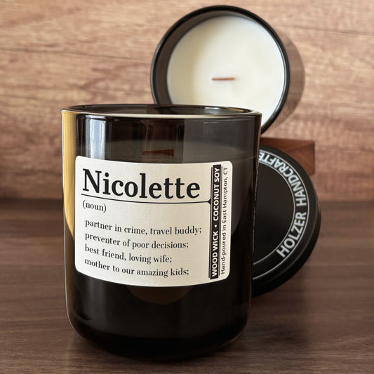 Personalized Wood Wick Candle - Custom Name, Noun, Definition - 12oz Glass Vessel with Lid