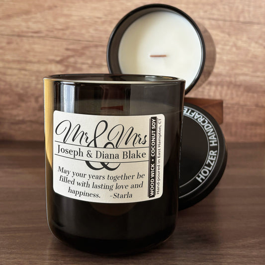 Personalized Wood Wick Candle - Custom Mr & Mrs Wedding Keepsake - 12oz Glass Vessel with Lid