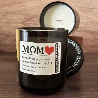 Personalized Wood Wick Candle - Custom Mom, Grandma Keepsake - 12oz Glass Vessel with Lid