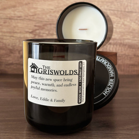 Personalized Wood Wick Candle - Custom Housewarming Keepsake - 12oz Glass Vessel with Lid