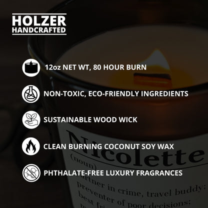 Personalized Wood Wick Candle - Custom Name, Noun, Definition - 12oz Glass Vessel with Lid