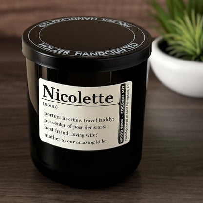 Personalized Wood Wick Candle - Custom Name, Noun, Definition - 12oz Glass Vessel with Lid