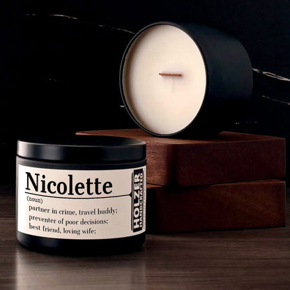 Personalized Wood Wick Scented Candle - Noun, Definition