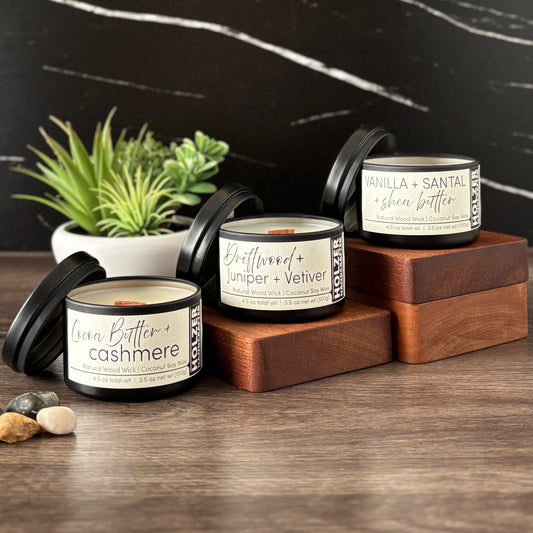 Set of 3 Mini Wood Wick Candles in our 3 Best Selling Scents, Cute Travel Size Tins