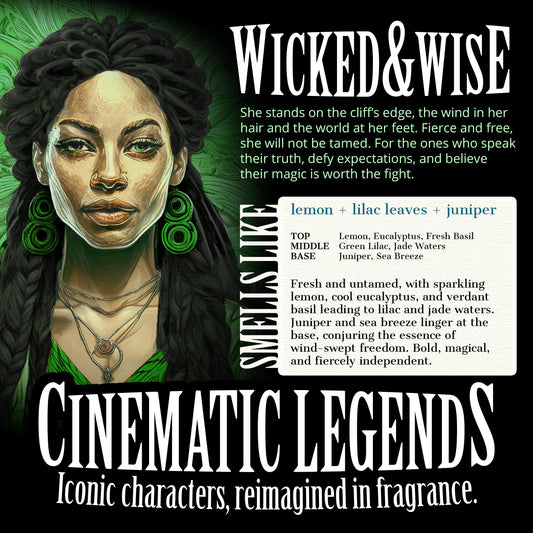 WICKED & WISE - Lemon + Lilac Leaves + Juniper Scented Wood Wick Candle - Cinematic Legends