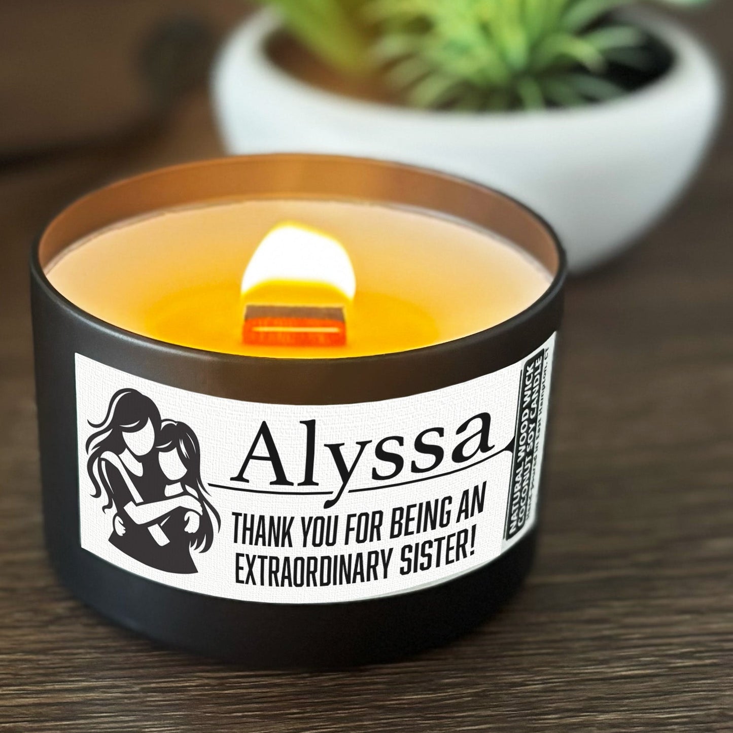 Personalized Wood Wick Candle - Custom Best Sister Keepsake, Coconut Soy Wax, 6oz