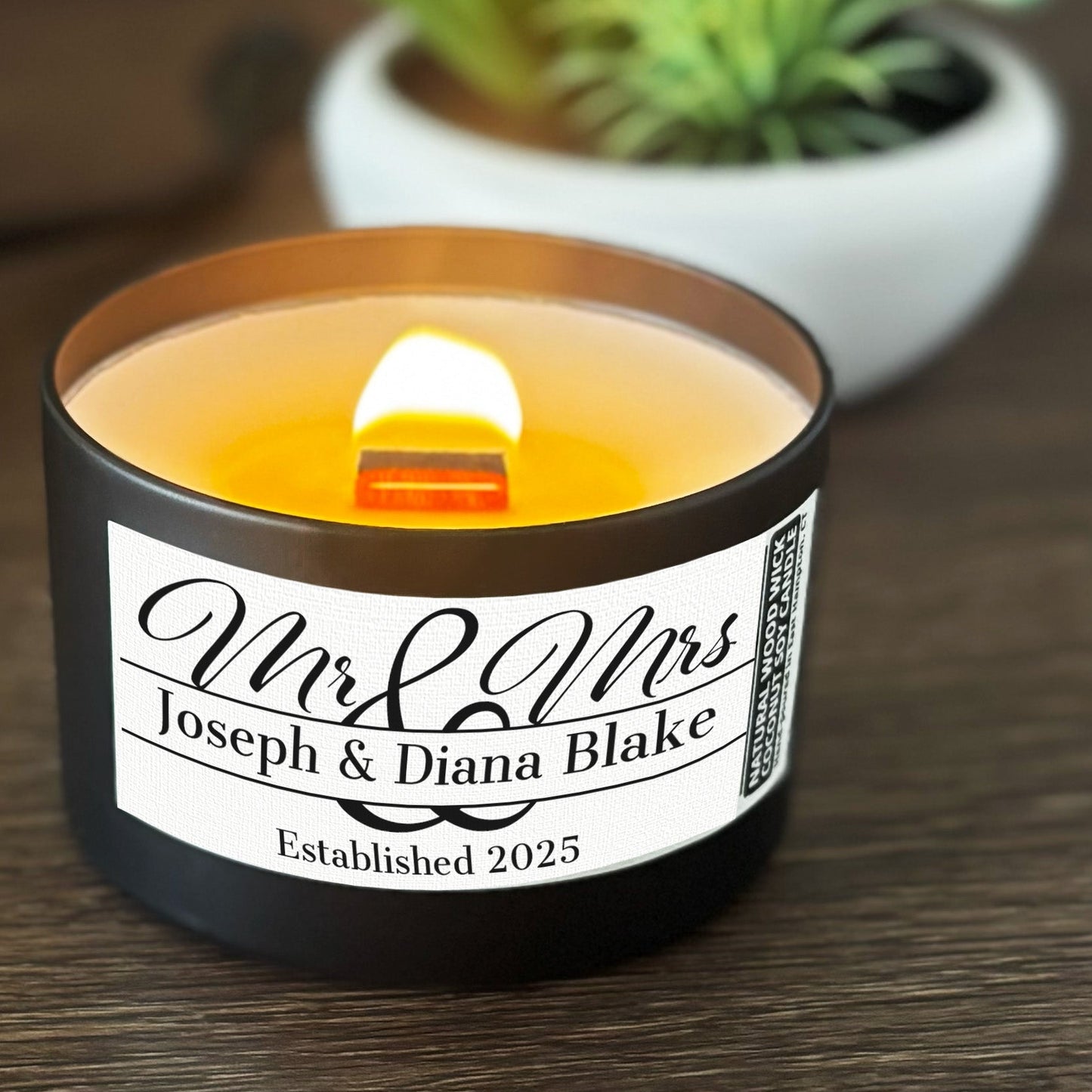 Personalized Wood Wick Candle - Custom Mr & Mrs Wedding Keepsake, Coconut Soy Wax, 6oz