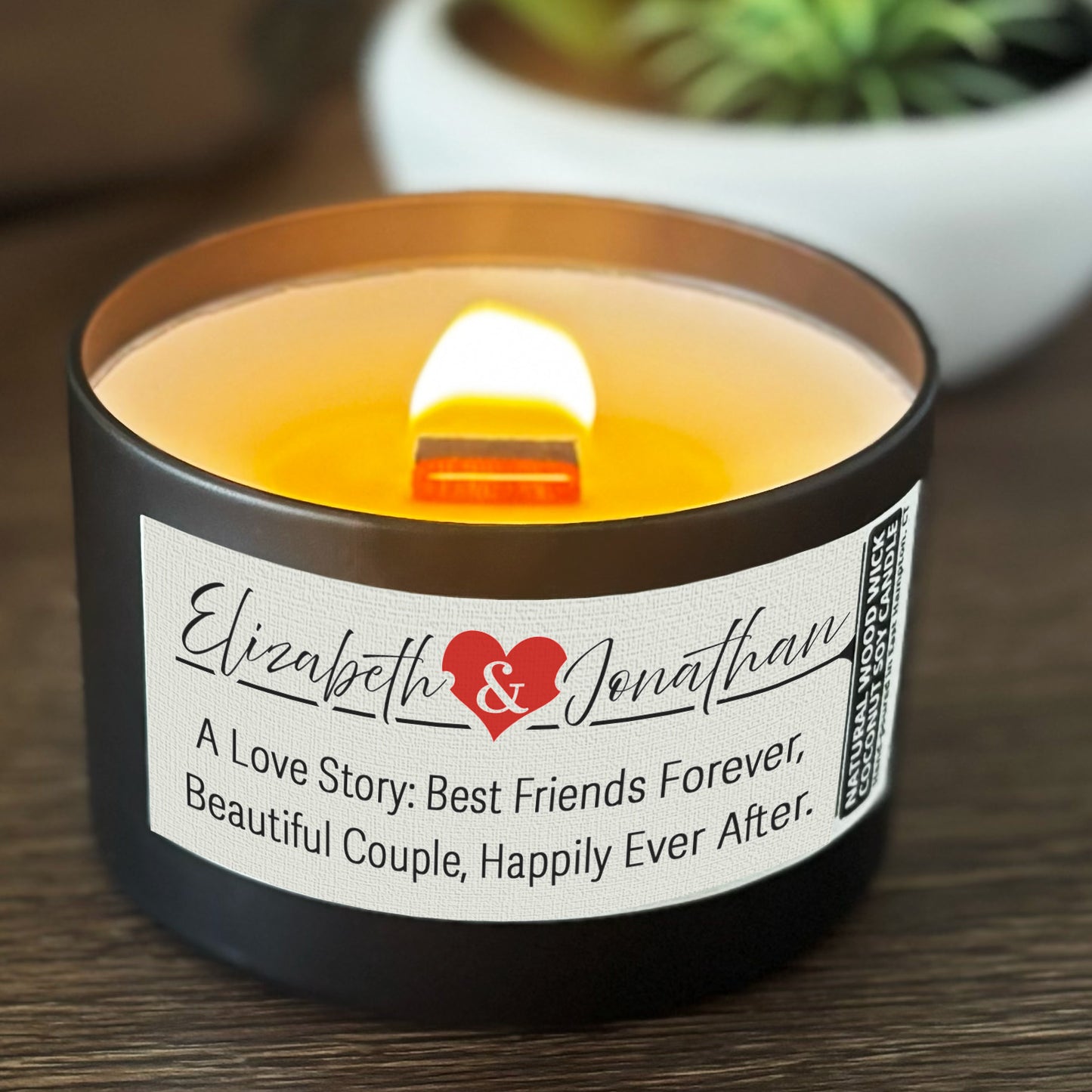 Personalized Wood Wick Candle - Custom Couples Keepsake, Coconut Soy Wax, 6oz