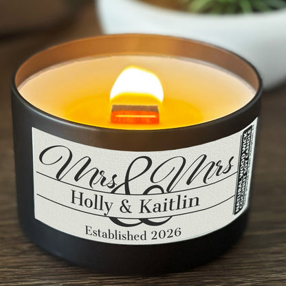 Personalized Wood Wick Candle - Custom Mrs & Mrs Wedding Keepsake, Coconut Soy Wax, 6oz