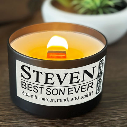 Personalized Wood Wick Candle - Custom Best Son Keepsake, Coconut Soy Wax, 6oz
