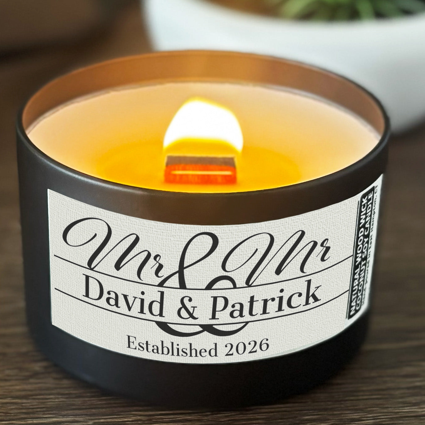 Personalized Wood Wick Candle - Custom Mr & Mr Wedding Keepsake, Coconut Soy Wax, 6oz
