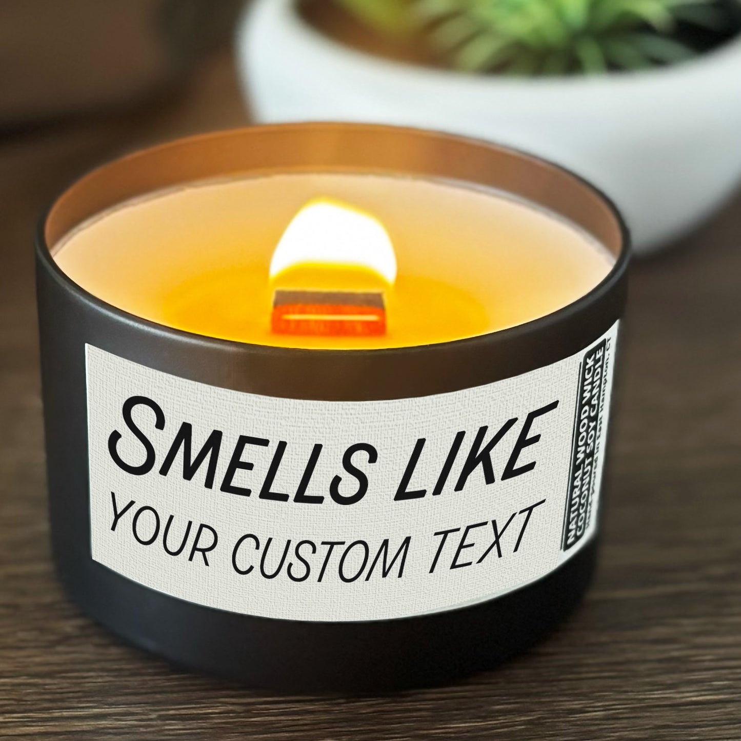 Personalized Wood Wick Candle - Custom Smells Like Keepsake, Coconut Soy Wax, 6oz