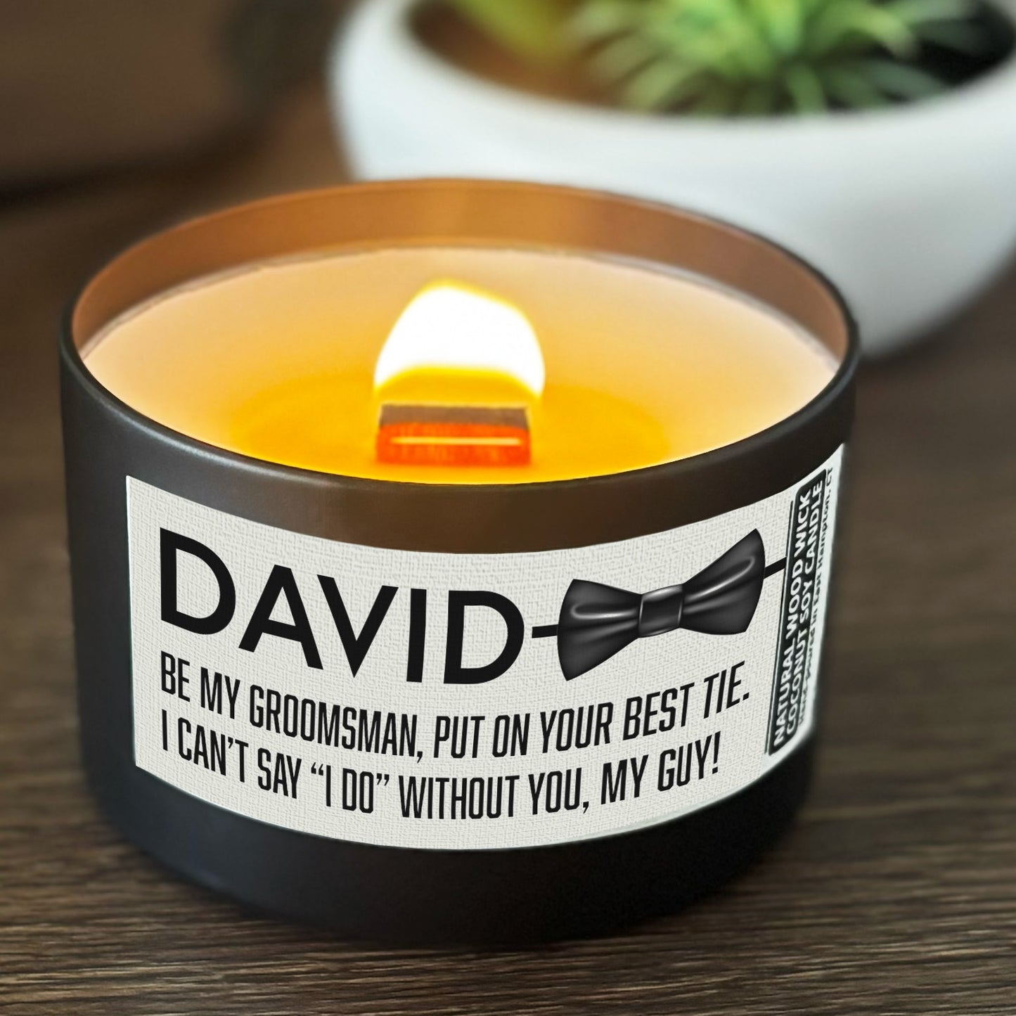 Personalized Wood Wick Candle - Custom Groomsman, Best Man Keepsake, Coconut Soy Wax, 6oz