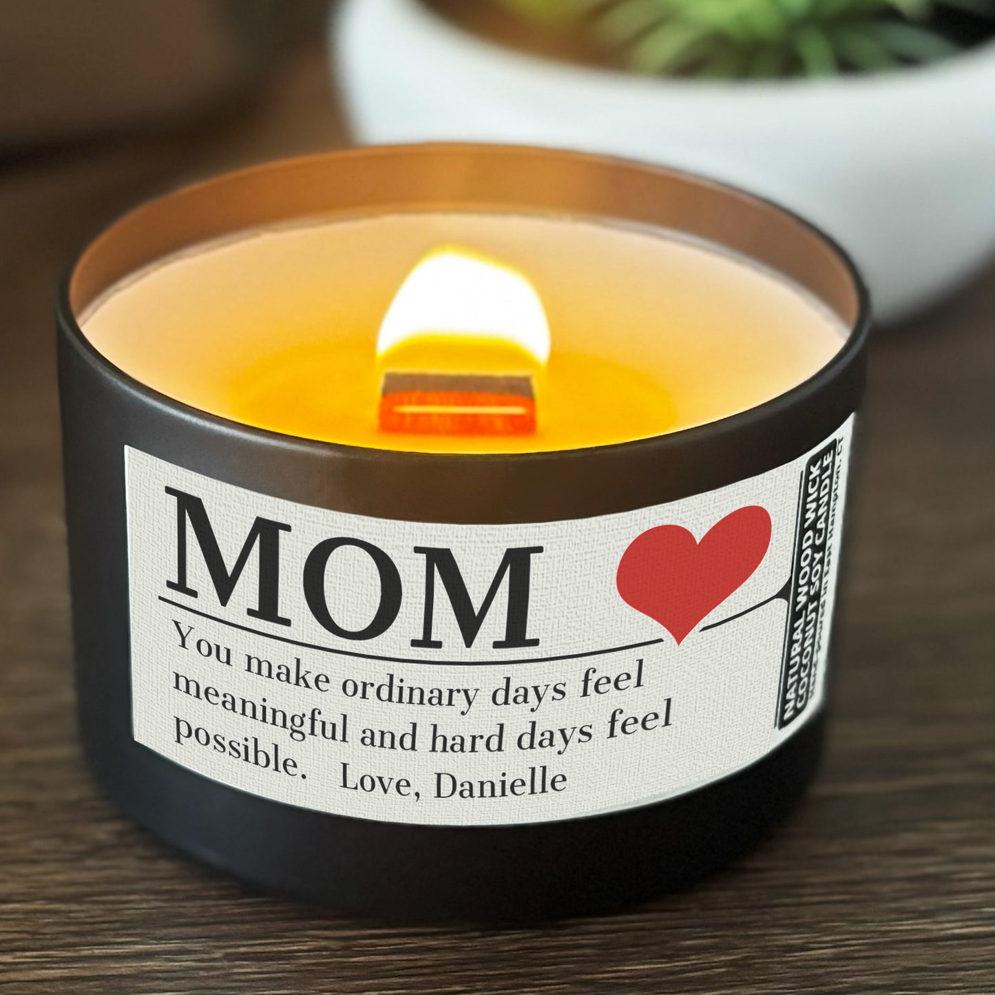Personalized Wood Wick Candle - Custom Mom, Grandma Keepsake, Coconut Soy Wax, 6oz