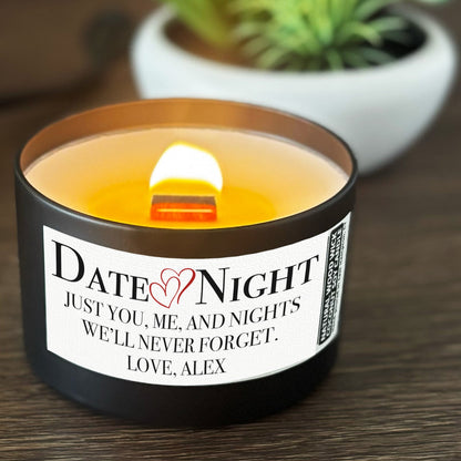 Personalized Wood Wick Candle - Couples Date Night Keepsake, Coconut Soy Wax, 6oz
