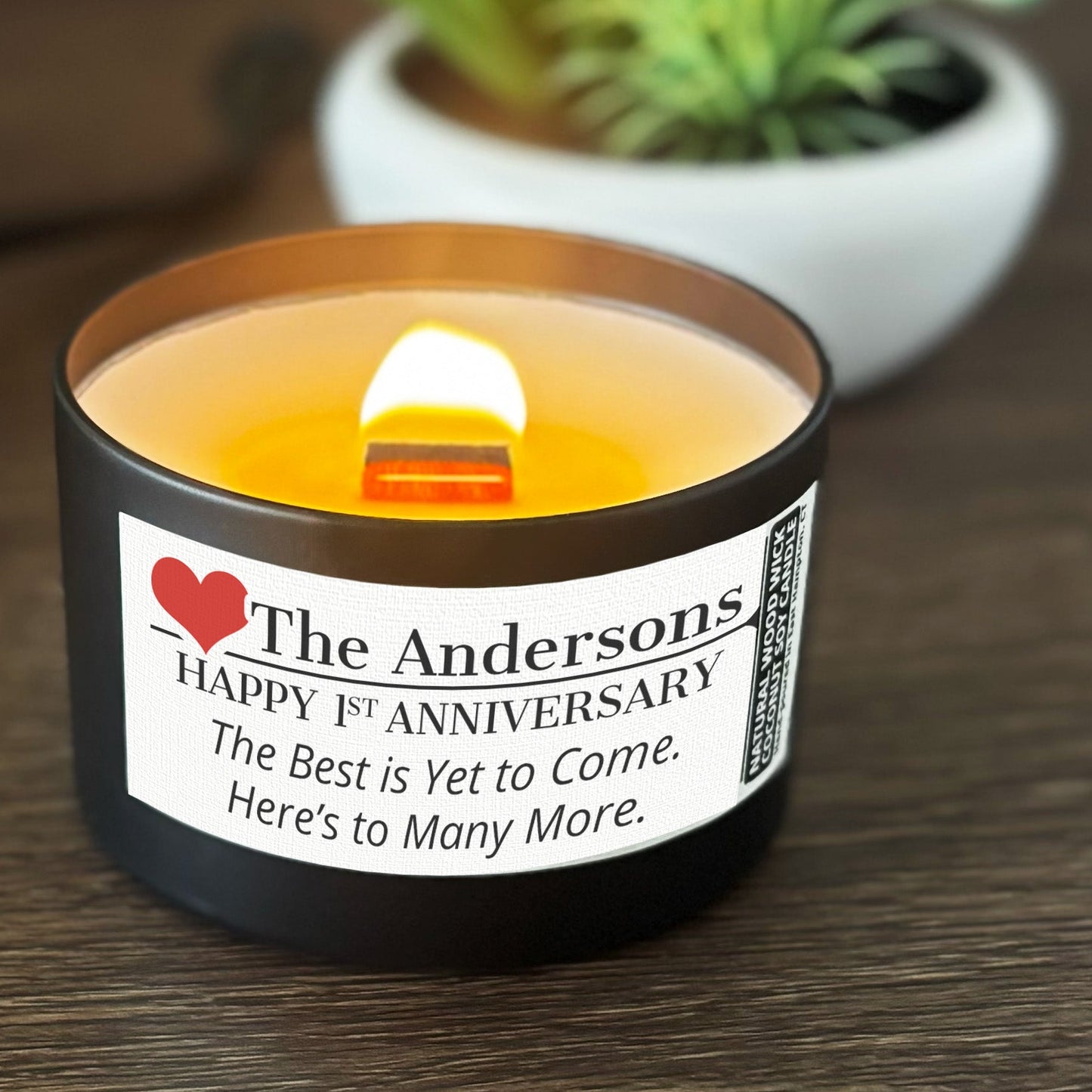 Personalized Wood Wick Candle - Custom Couples Anniversary Keepsake, Coconut Soy Wax, 6oz
