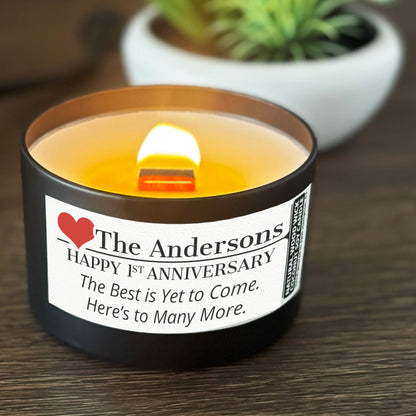 Personalized Wood Wick Candle - Custom Couples Anniversary Keepsake, Coconut Soy Wax, 6oz