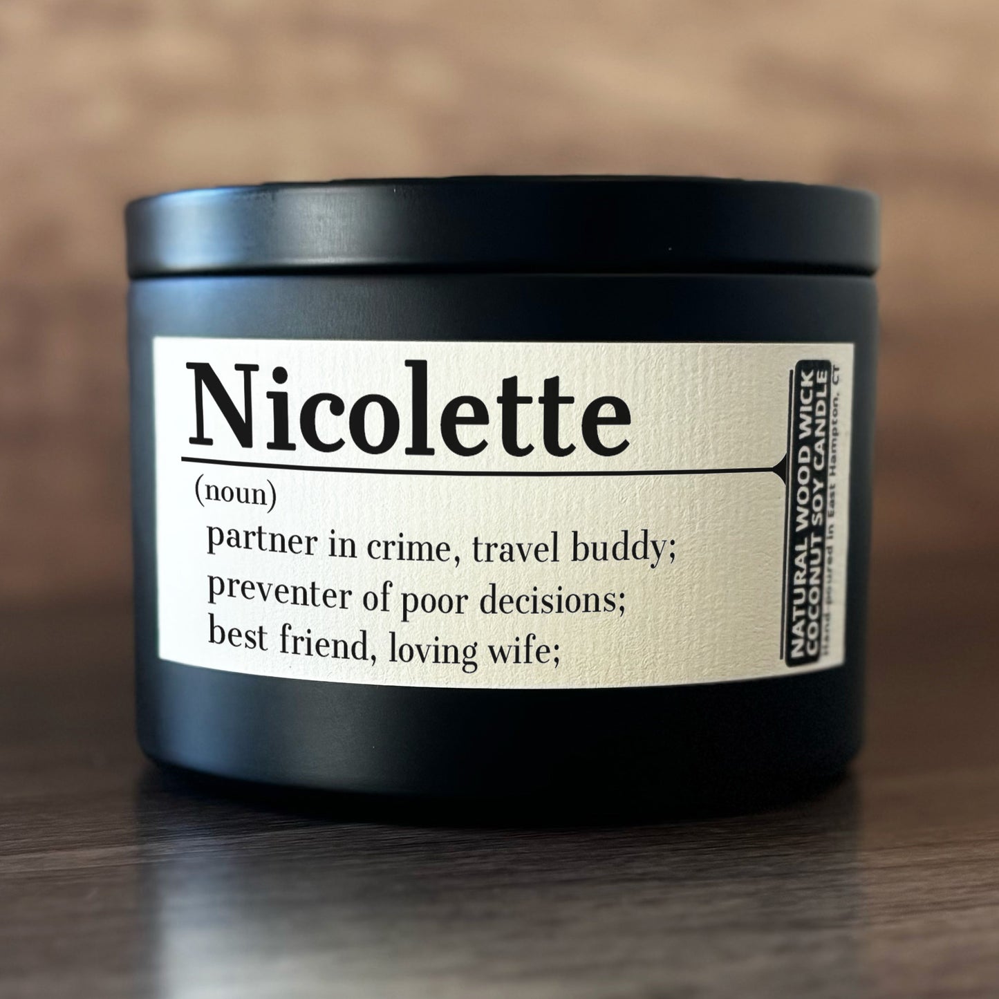 Personalized Wood Wick Candle - Custom Name, Noun, Definition Keepsake, Coconut Soy Wax, 6oz