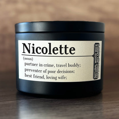 Personalized Wood Wick Candle - Custom Name, Noun, Definition Keepsake, Coconut Soy Wax, 6oz