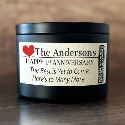 Personalized Wood Wick Candle - Custom Couples Anniversary Keepsake, Coconut Soy Wax, 6oz