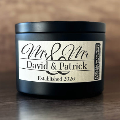 Personalized Wood Wick Candle - Custom Mr & Mr Wedding Keepsake, Coconut Soy Wax, 6oz