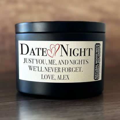 Personalized Wood Wick Candle - Couples Date Night Keepsake, Coconut Soy Wax, 6oz
