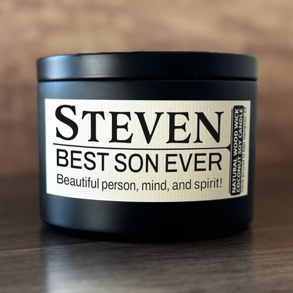 Personalized Wood Wick Candle - Custom Best Son Keepsake, Coconut Soy Wax, 6oz