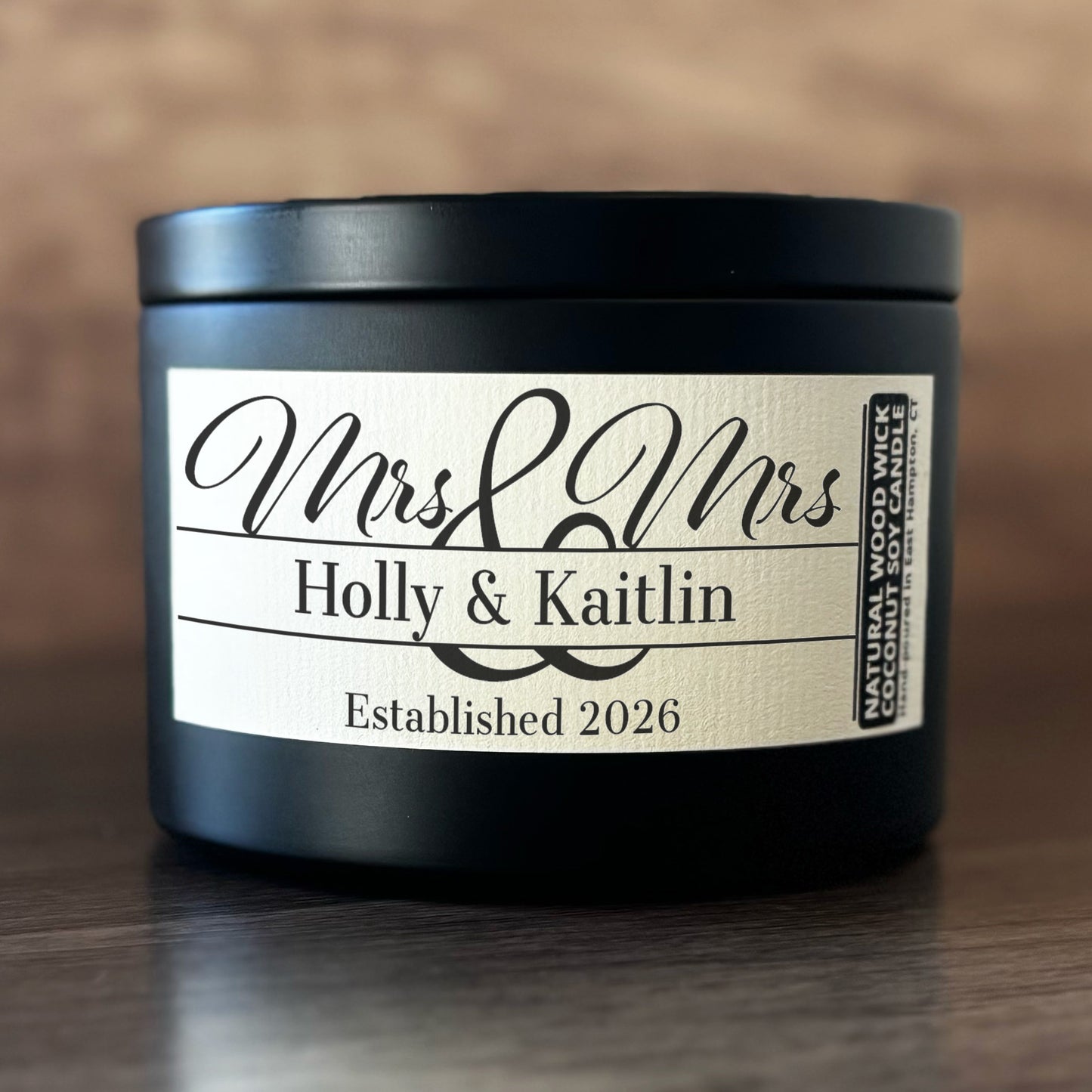 Personalized Wood Wick Candle - Custom Mrs & Mrs Wedding Keepsake, Coconut Soy Wax, 6oz