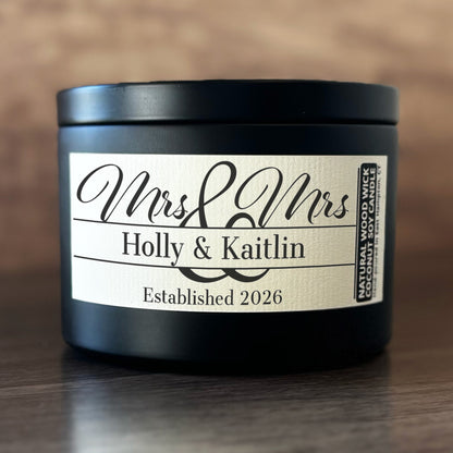 Personalized Wood Wick Candle - Custom Mrs & Mrs Wedding Keepsake, Coconut Soy Wax, 6oz
