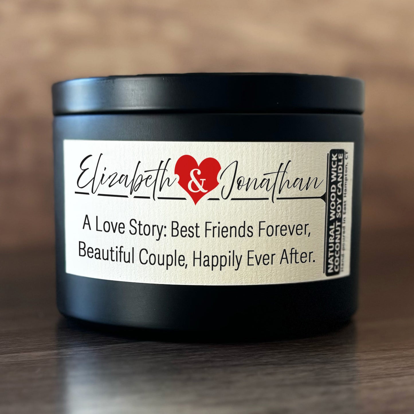 Personalized Wood Wick Candle - Custom Couples Keepsake, Coconut Soy Wax, 6oz