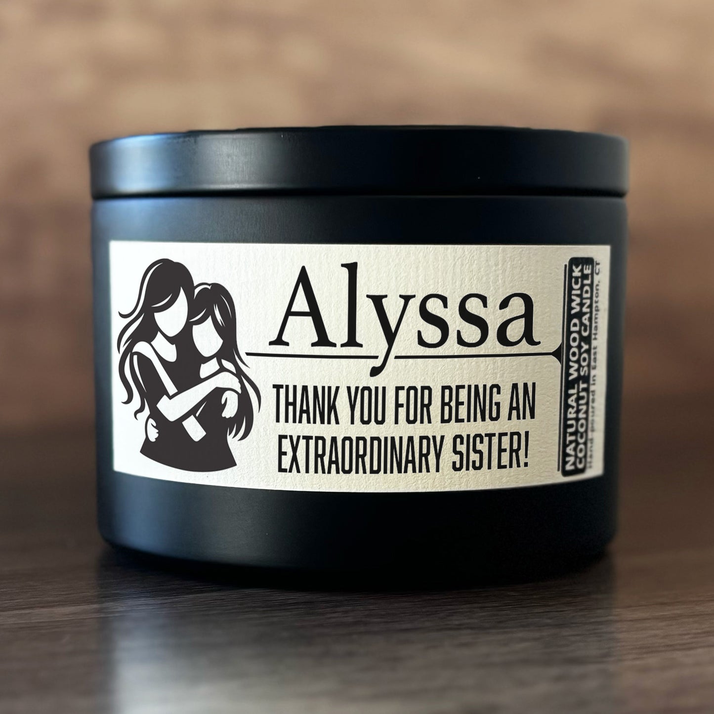 Personalized Wood Wick Candle - Custom Best Sister Keepsake, Coconut Soy Wax, 6oz