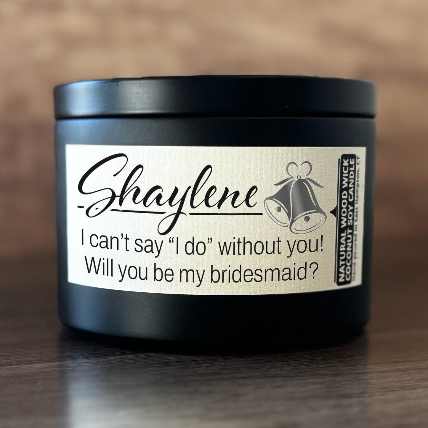 Personalized Wood Wick Candle - Custom Bridesmaid, Maid of Honor Proposal, Coconut Soy Wax, 6oz