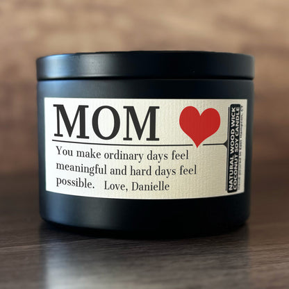 Personalized Wood Wick Candle - Custom Mom, Grandma Keepsake, Coconut Soy Wax, 6oz