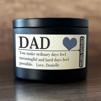 Personalized Wood Wick Candle - Custom Dad, Grandpa, Special Guy Keepsake, Coconut Soy Wax, 6oz