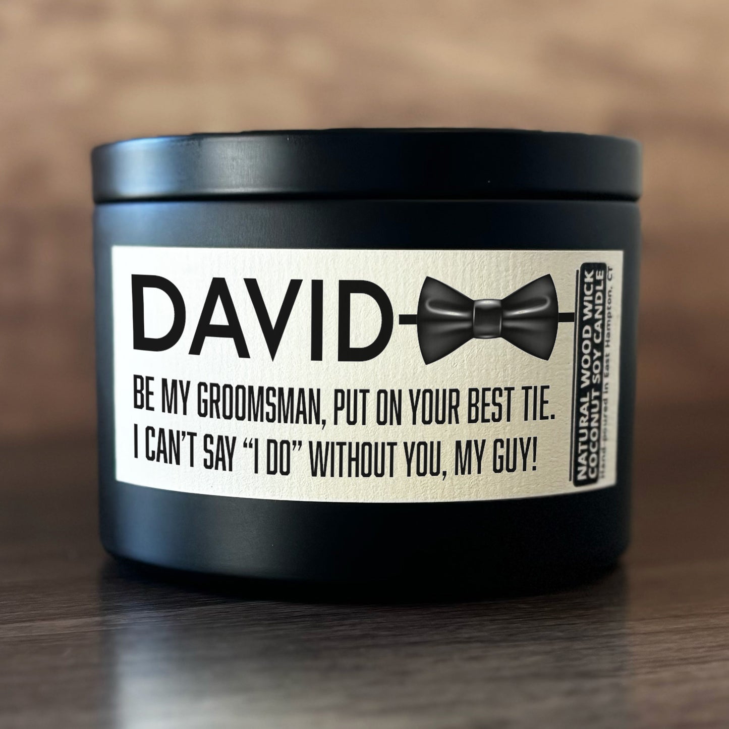 Personalized Wood Wick Candle - Custom Groomsman, Best Man Keepsake, Coconut Soy Wax, 6oz